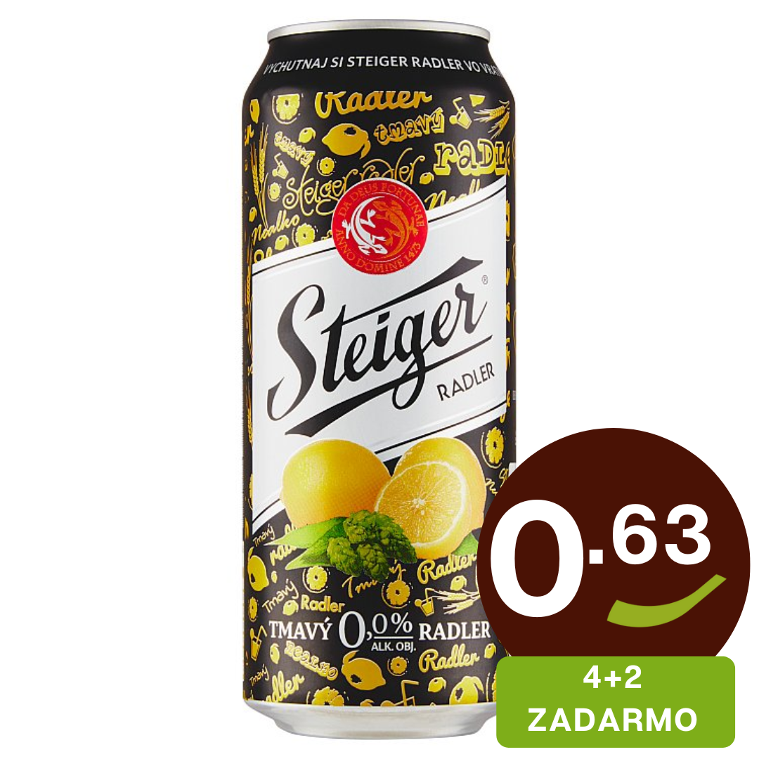 Miešaný nealkoholický nápoj z piva Radler citrón tmavý nealko 0,0% 500ml plech Steiger