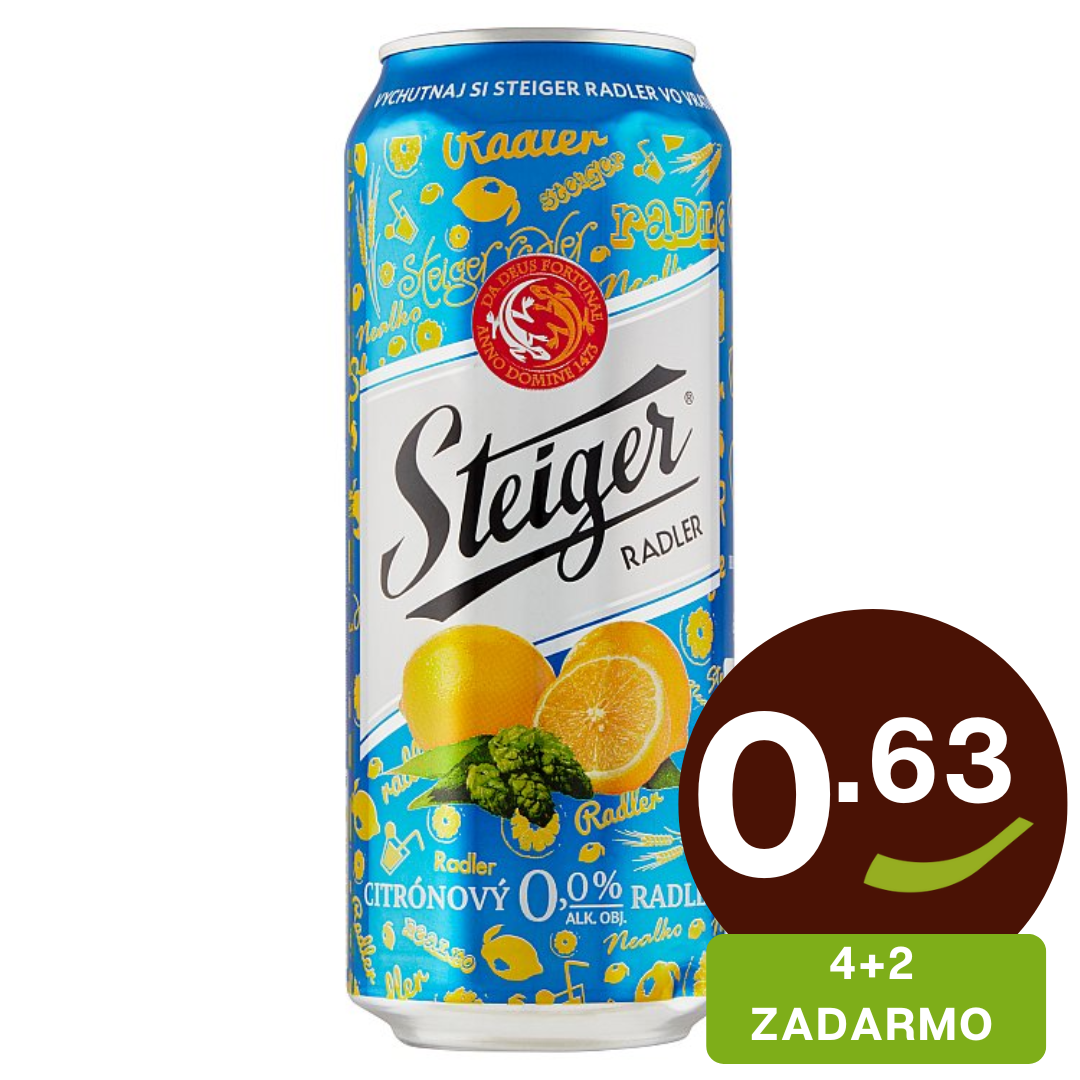 Miešaný nealkoholický nápoj z piva Radler citrón svetlé nealko 0% 500ml plech Steiger